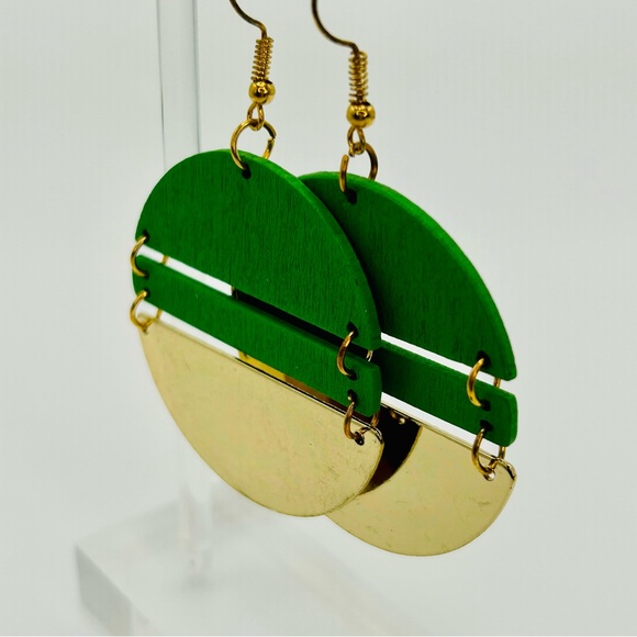 💙💚 Green or Blue Geometric Half-Moon Earrings | Modern Wood + Goldtone | - Picture 5 of 7